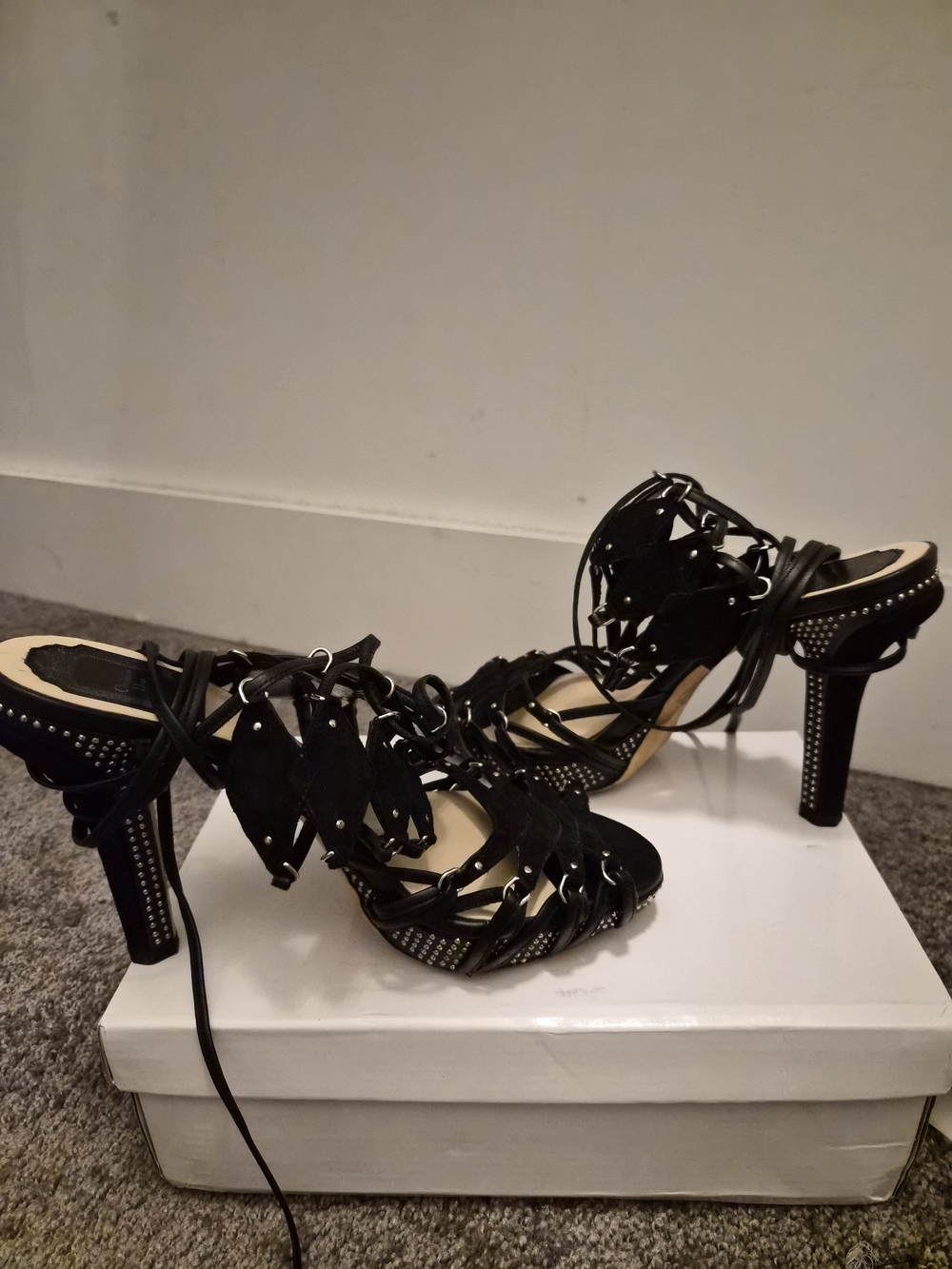 Christian Dior Black Suede Lace-Up Gladiator Sandals Studded Designer Heels